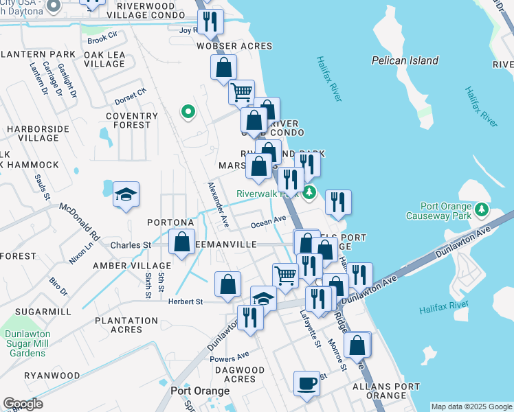 map of restaurants, bars, coffee shops, grocery stores, and more near 303 Magnolia Street in Port Orange