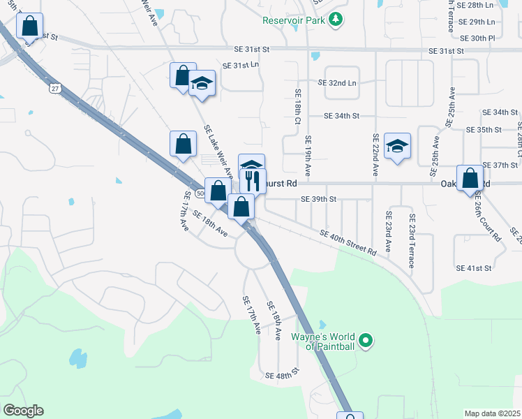 map of restaurants, bars, coffee shops, grocery stores, and more near 3990 Southeast 17th Court in Ocala