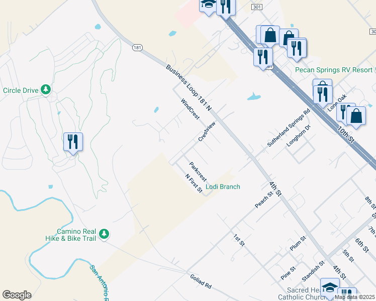 map of restaurants, bars, coffee shops, grocery stores, and more near 105 Parkcrest in Floresville