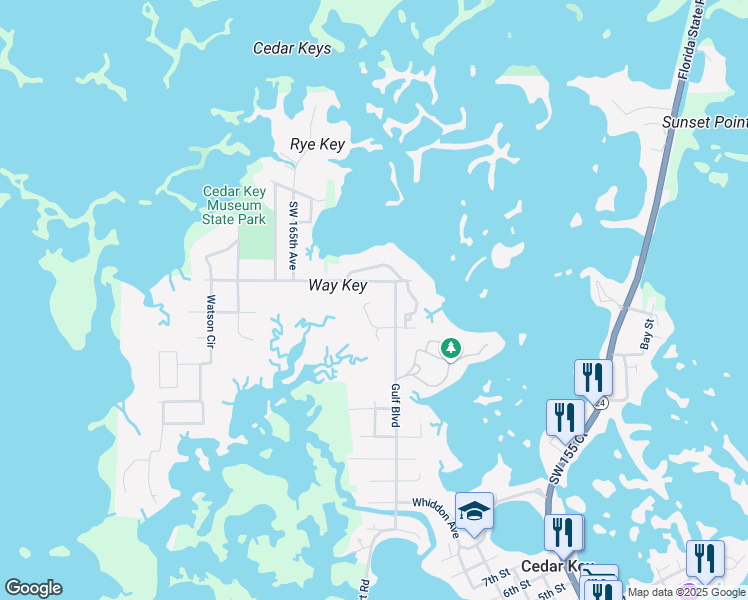 map of restaurants, bars, coffee shops, grocery stores, and more near 12391 East Point Road in Cedar Key