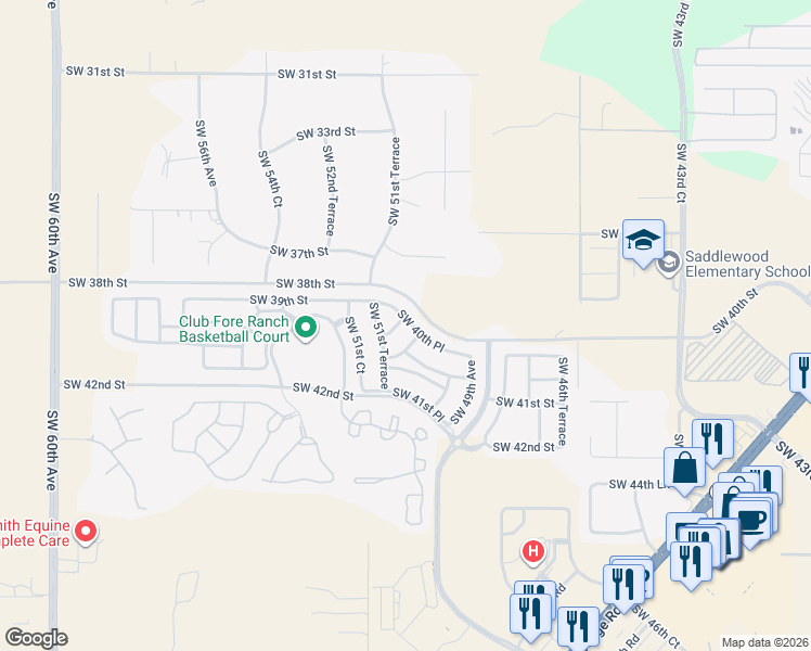 map of restaurants, bars, coffee shops, grocery stores, and more near 4055 Southwest 51st Road in Ocala