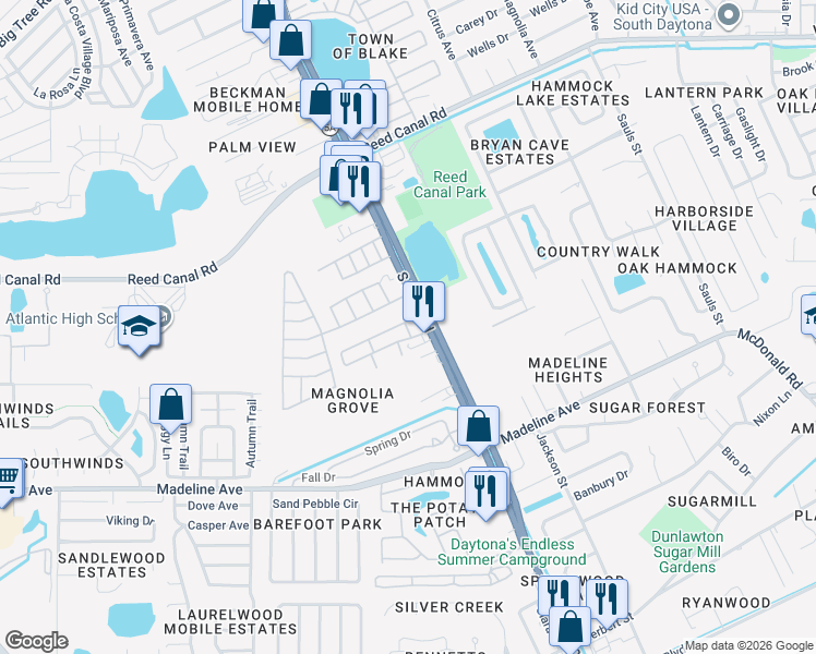 map of restaurants, bars, coffee shops, grocery stores, and more near 3300 South Nova Road in Port Orange