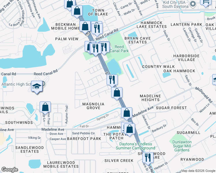 map of restaurants, bars, coffee shops, grocery stores, and more near 3300 South Nova Road in Port Orange