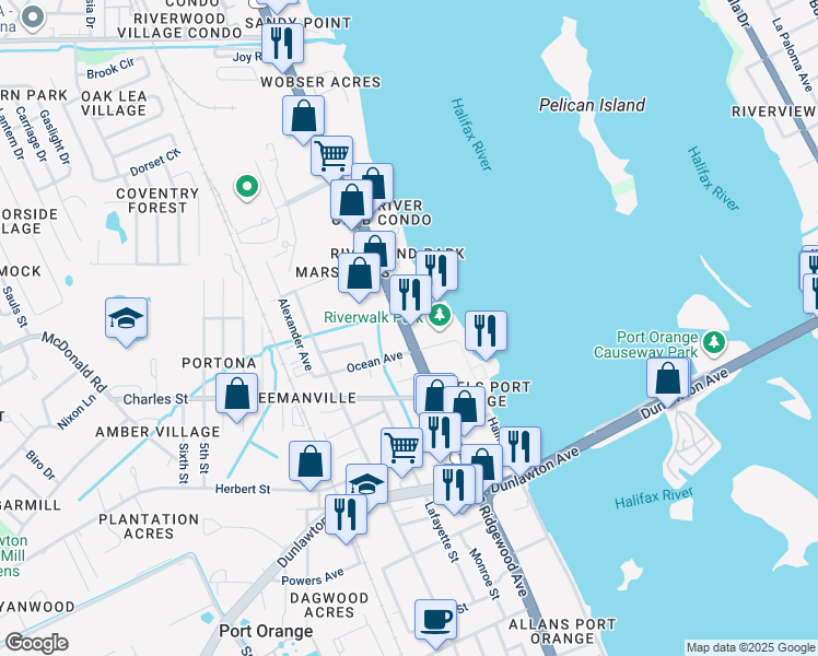 map of restaurants, bars, coffee shops, grocery stores, and more near 3521 South Ridgewood Avenue in Port Orange