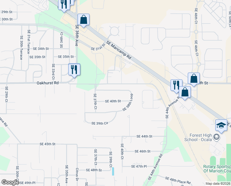 map of restaurants, bars, coffee shops, grocery stores, and more near 3947 Southeast 40th Street in Ocala