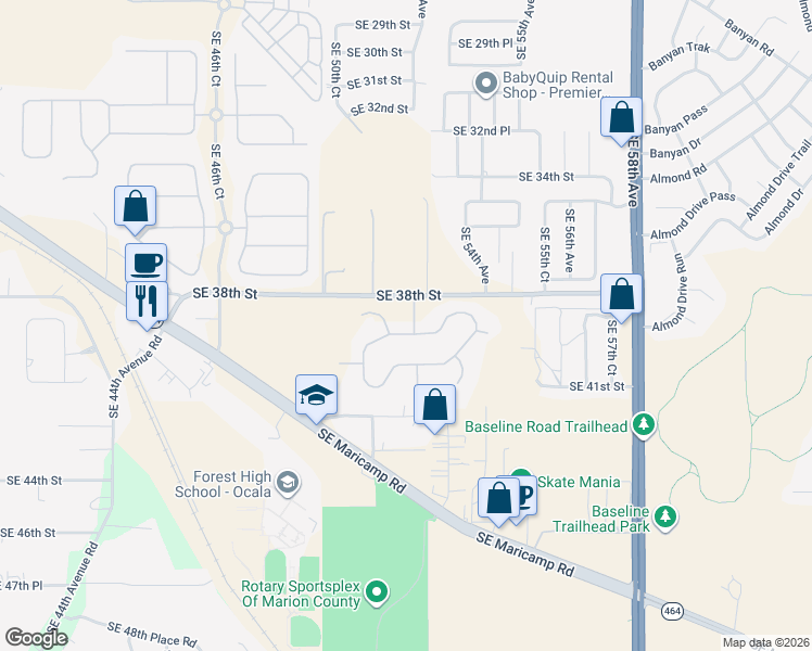 map of restaurants, bars, coffee shops, grocery stores, and more near 3895 Southeast 51st Court in Ocala