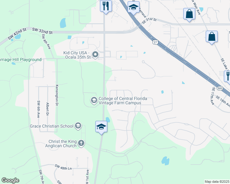map of restaurants, bars, coffee shops, grocery stores, and more near 483 Southeast 38th Street in Ocala