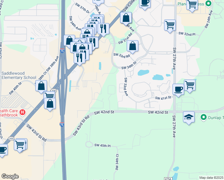 map of restaurants, bars, coffee shops, grocery stores, and more near 3809 Southwest 33rd Terrace in Ocala