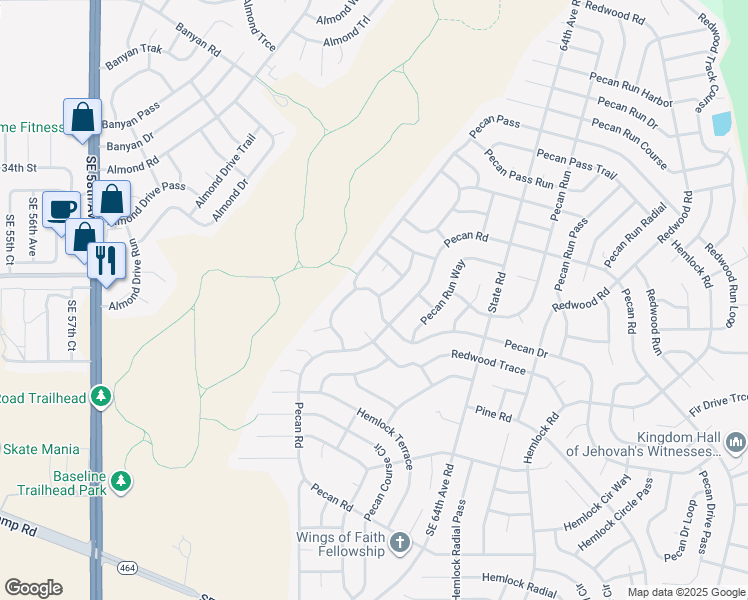 map of restaurants, bars, coffee shops, grocery stores, and more near 140 Pecan Drive in Ocala
