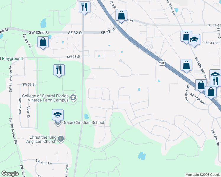 map of restaurants, bars, coffee shops, grocery stores, and more near 503 Southeast 38th Street in Ocala