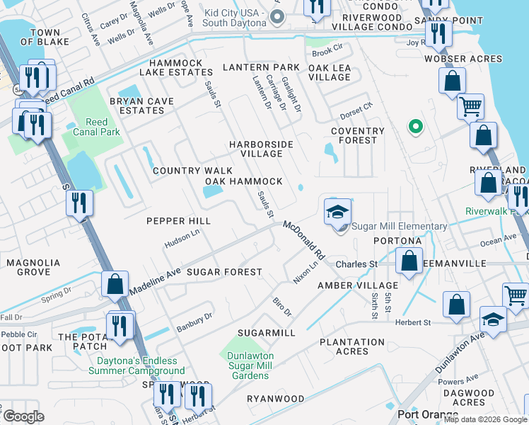 map of restaurants, bars, coffee shops, grocery stores, and more near 3024 Oak Hammock Drive in Port Orange
