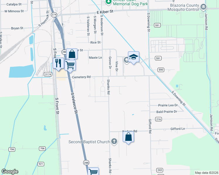 map of restaurants, bars, coffee shops, grocery stores, and more near 1131 Shanks Road in Angleton