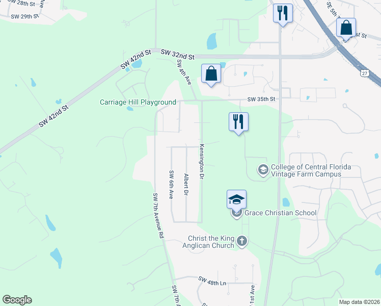 map of restaurants, bars, coffee shops, grocery stores, and more near 3801 Southwest 5th Avenue in Ocala