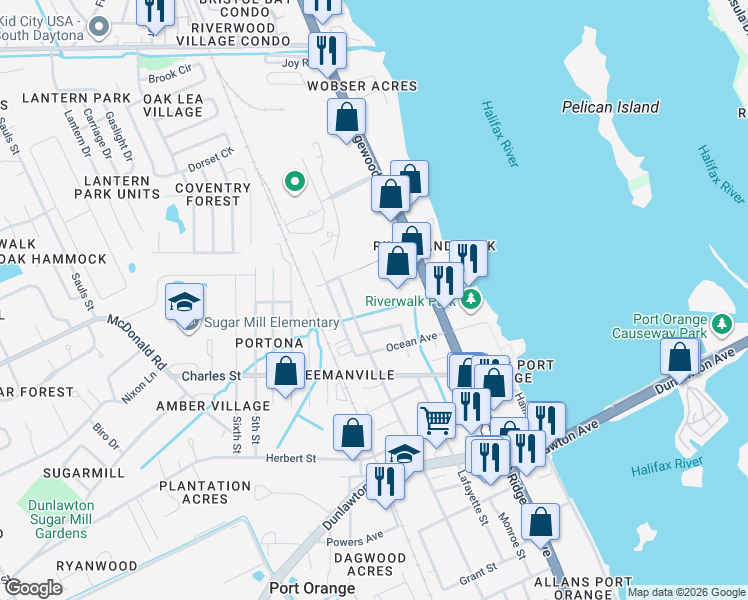 map of restaurants, bars, coffee shops, grocery stores, and more near 3340 South Ridgewood Avenue in Port Orange