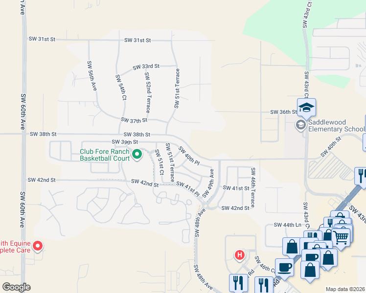 map of restaurants, bars, coffee shops, grocery stores, and more near 5103 Southwest 40th Place in Ocala