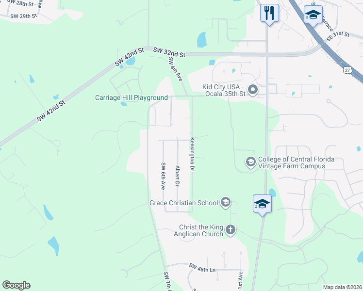 map of restaurants, bars, coffee shops, grocery stores, and more near 3801 Southwest 5th Avenue in Ocala