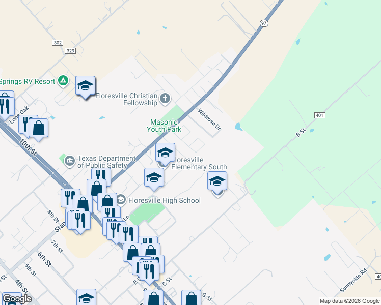 map of restaurants, bars, coffee shops, grocery stores, and more near 1039 Jasmine Drive in Floresville