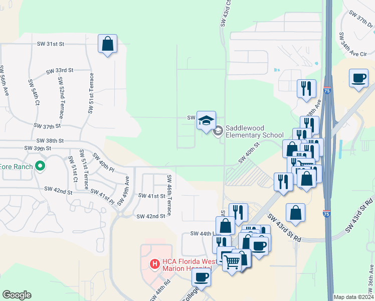 map of restaurants, bars, coffee shops, grocery stores, and more near 4540 Southwest 38th Place in Ocala
