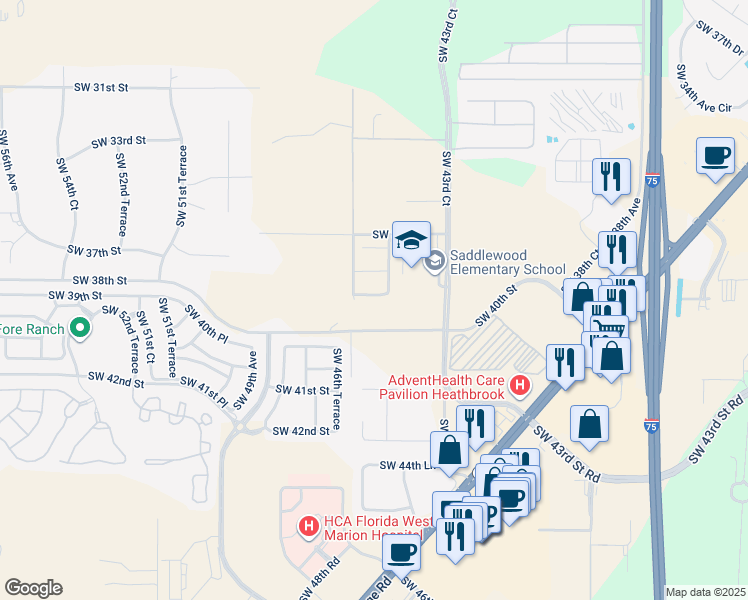 map of restaurants, bars, coffee shops, grocery stores, and more near 4540 Southwest 38th Place in Ocala