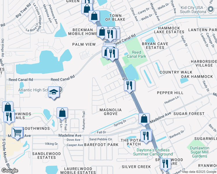 map of restaurants, bars, coffee shops, grocery stores, and more near 29 Leslie Lane in Port Orange
