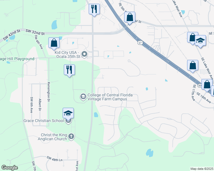 map of restaurants, bars, coffee shops, grocery stores, and more near 483 Southeast 38th Street in Ocala