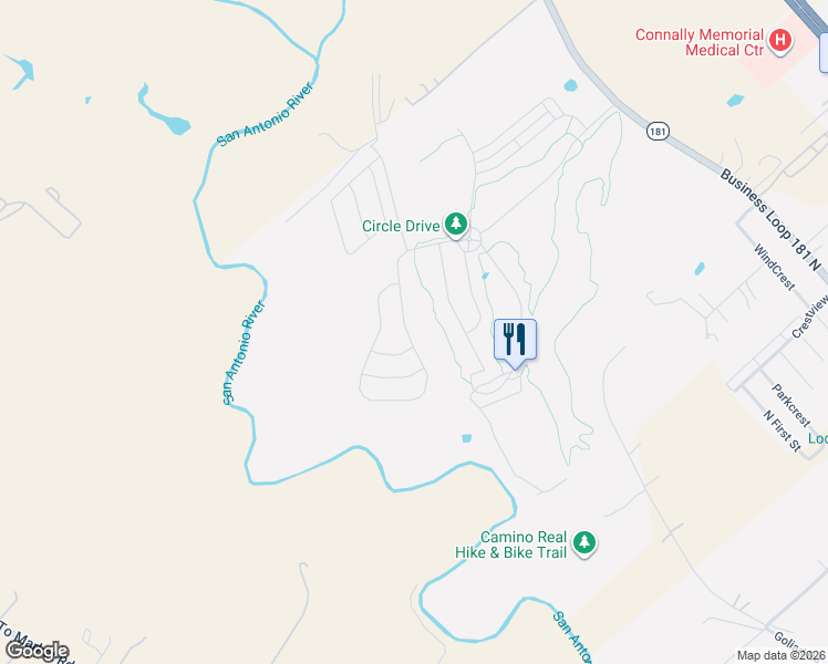 map of restaurants, bars, coffee shops, grocery stores, and more near 141 Fairway Drive in Floresville