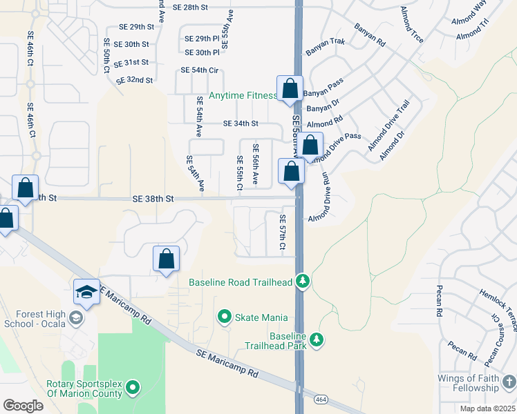 map of restaurants, bars, coffee shops, grocery stores, and more near 38th Place in Ocala