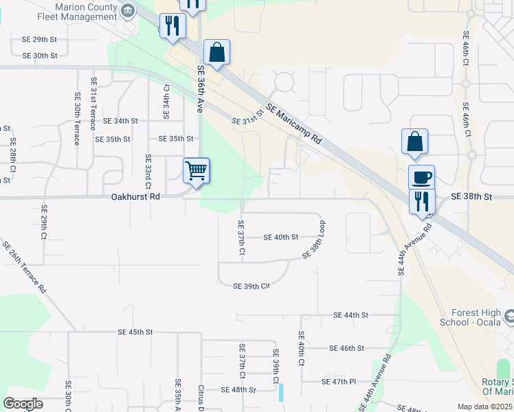 map of restaurants, bars, coffee shops, grocery stores, and more near 3819 Southeast 38th Street in Ocala