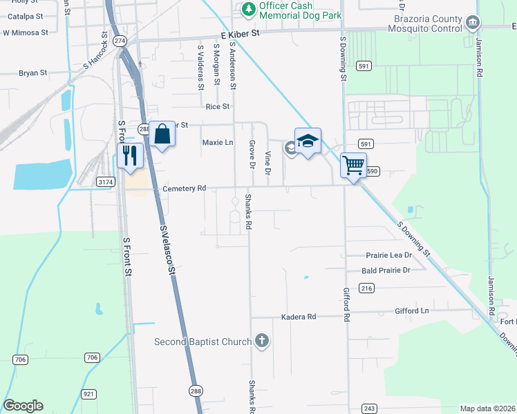 map of restaurants, bars, coffee shops, grocery stores, and more near 1131 Shanks Road in Angleton