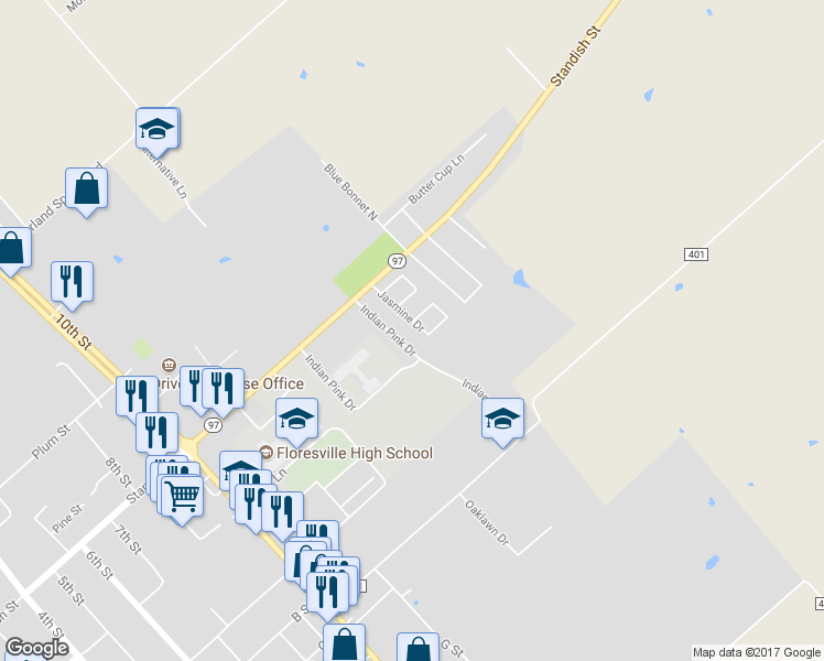 map of restaurants, bars, coffee shops, grocery stores, and more near 1039 Jasmine Drive in Floresville