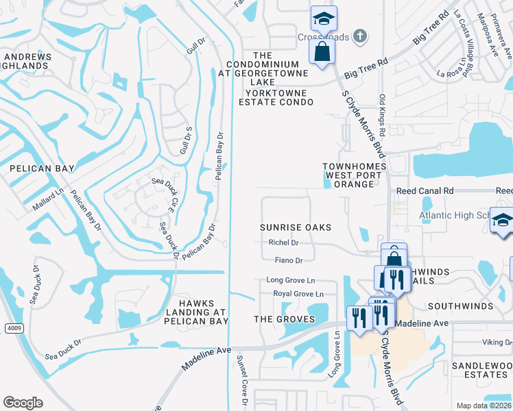 map of restaurants, bars, coffee shops, grocery stores, and more near 3817 Birch Mountain Road in Port Orange