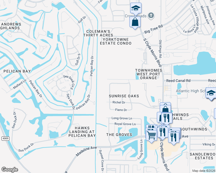 map of restaurants, bars, coffee shops, grocery stores, and more near 3817 Birch Mountain Road in Port Orange