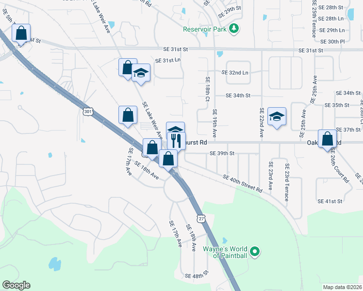 map of restaurants, bars, coffee shops, grocery stores, and more near 3800 Southeast 17th Court in Ocala