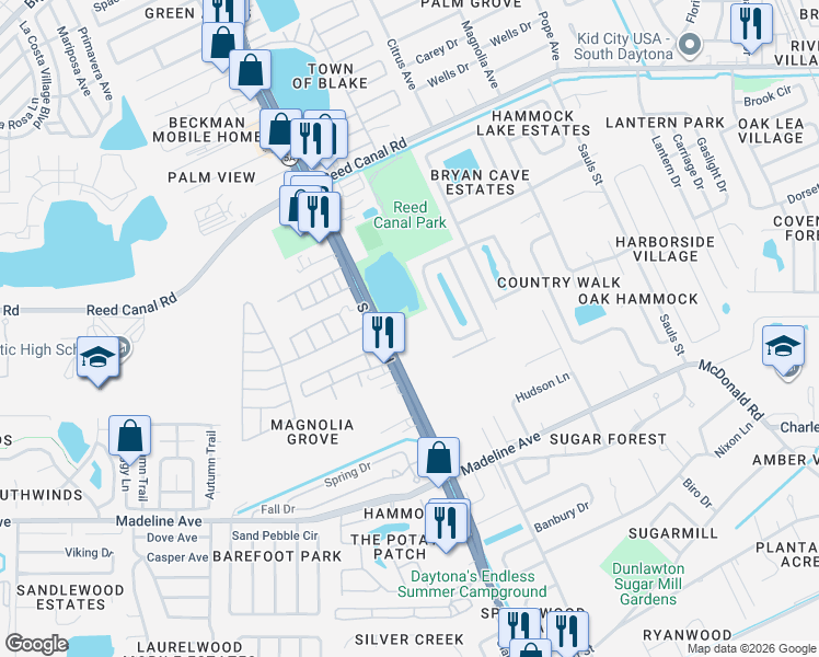 map of restaurants, bars, coffee shops, grocery stores, and more near 3289 South Nova Road in Port Orange