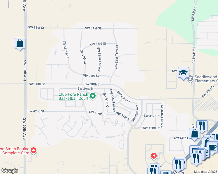map of restaurants, bars, coffee shops, grocery stores, and more near 5145 Southwest 40th Place in Ocala