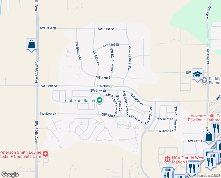 map of restaurants, bars, coffee shops, grocery stores, and more near 5257 Southwest 39th Street in Ocala