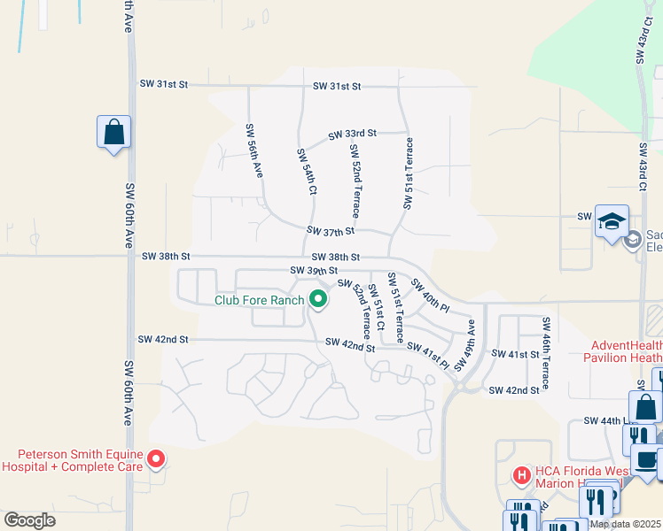 map of restaurants, bars, coffee shops, grocery stores, and more near 5337 Southwest 39th Street in Ocala