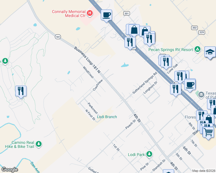 map of restaurants, bars, coffee shops, grocery stores, and more near 513 4th St in Floresville