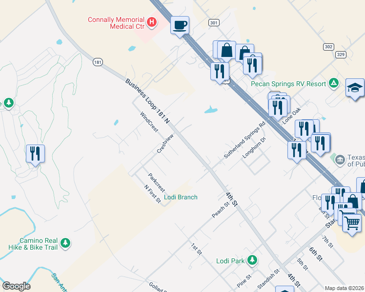 map of restaurants, bars, coffee shops, grocery stores, and more near 513 4th Street in Floresville