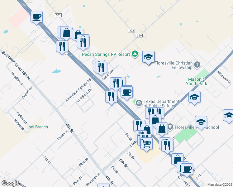 map of restaurants, bars, coffee shops, grocery stores, and more near 656 10th Street in Floresville