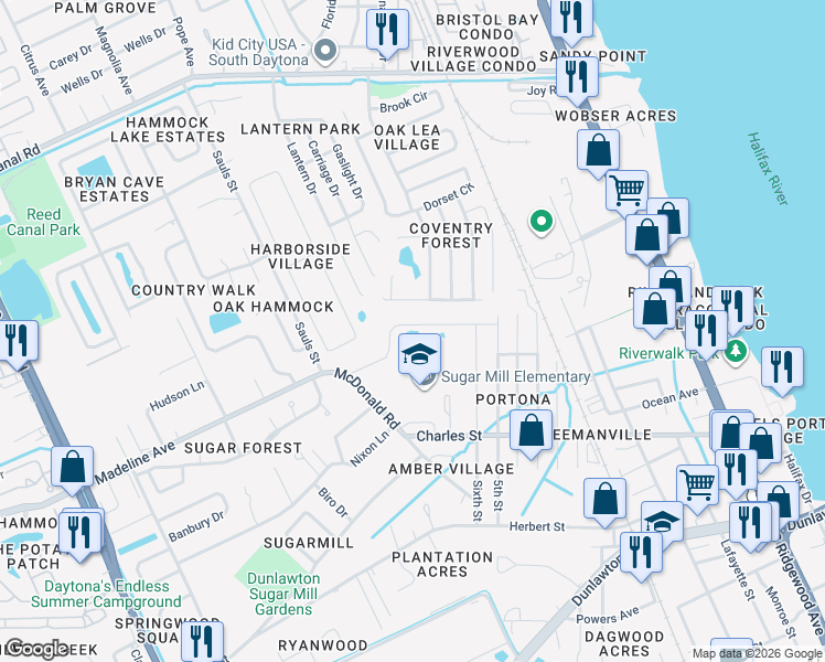 map of restaurants, bars, coffee shops, grocery stores, and more near 613 Clairmont Lane in South Daytona