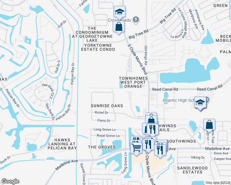 map of restaurants, bars, coffee shops, grocery stores, and more near 3726 Sunrise Oaks Drive in Port Orange
