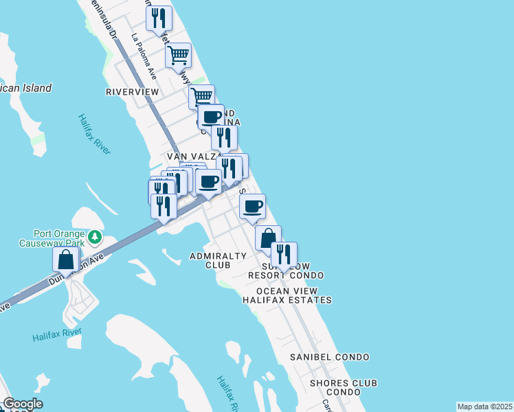 map of restaurants, bars, coffee shops, grocery stores, and more near 3524 South Atlantic Avenue in Daytona Beach