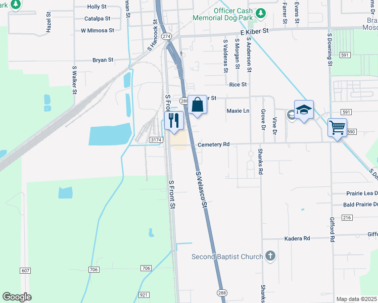 map of restaurants, bars, coffee shops, grocery stores, and more near 1100 South Velasco Street in Angleton