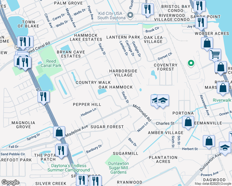 map of restaurants, bars, coffee shops, grocery stores, and more near 3007 Oak Hammock Drive in Port Orange