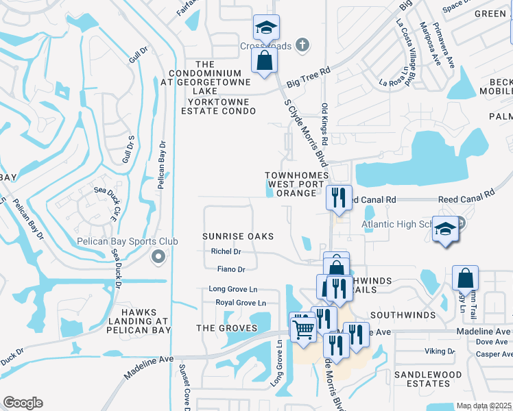 map of restaurants, bars, coffee shops, grocery stores, and more near 3725 Sunrise Oaks Drive in Port Orange