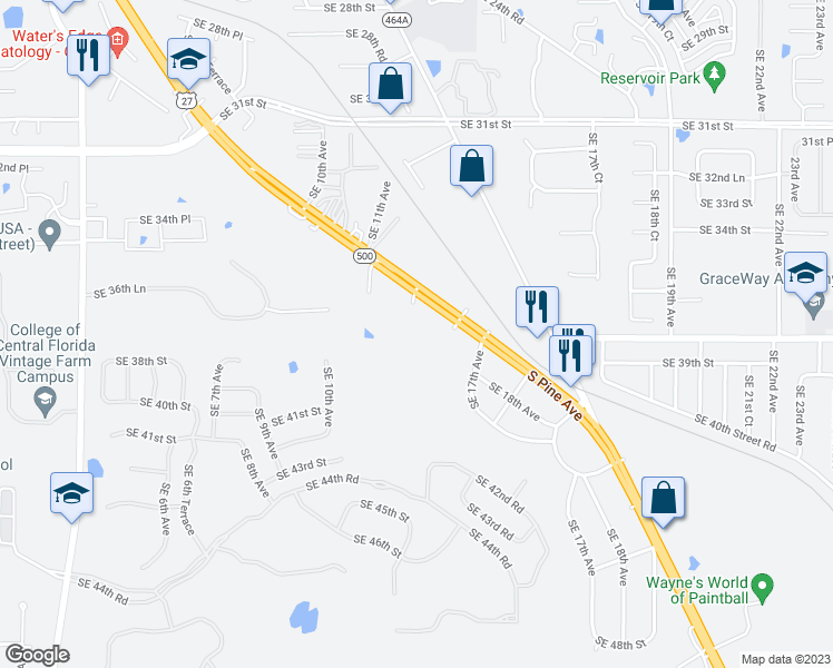 map of restaurants, bars, coffee shops, grocery stores, and more near 3706 South Pine Avenue in Ocala