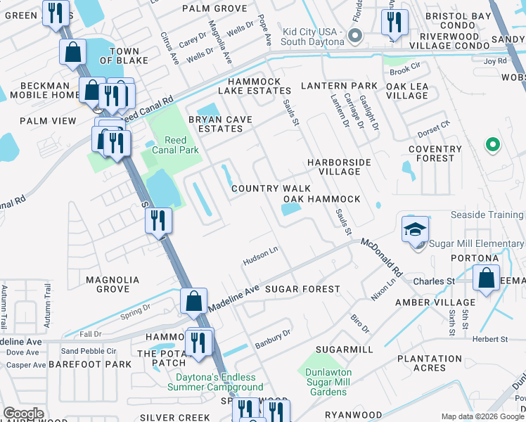 map of restaurants, bars, coffee shops, grocery stores, and more near 3410 Pepper Hill Road in Port Orange