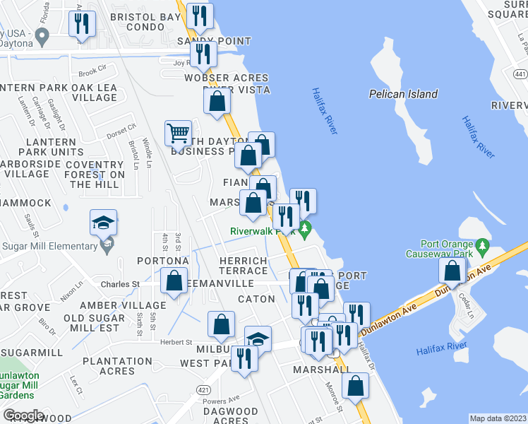 map of restaurants, bars, coffee shops, grocery stores, and more near 3350 Florida 5 in Port Orange