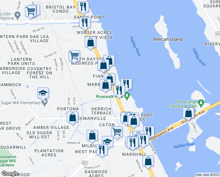map of restaurants, bars, coffee shops, grocery stores, and more near 3340 South Ridgewood Avenue in Port Orange